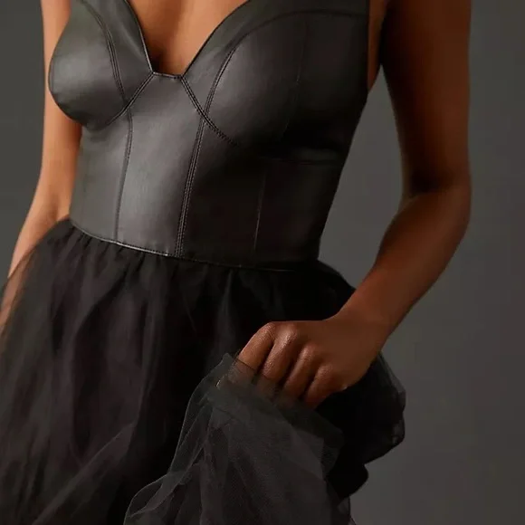 Anthropologie Black Dress- Leather too tulle bottom - Picture 4 of 8